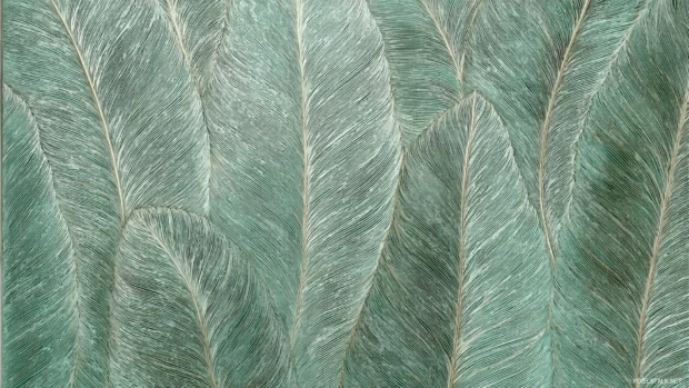 Palm leaf wallpaper texture style depicting detailed palm leaf veins over muted tropical green canvas.