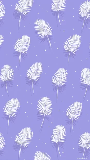 Palm leaves iphone wallpaper pattern composed of small palm frond icons repeating across soft lavender field.