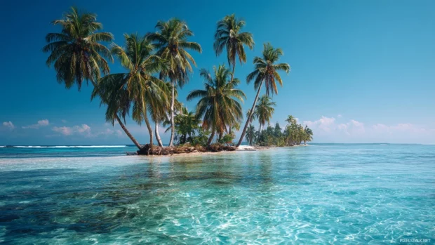 Palm tree 4k wallpaper depicting tall tropical palm trees swaying gently above crystal blue waters at midday.