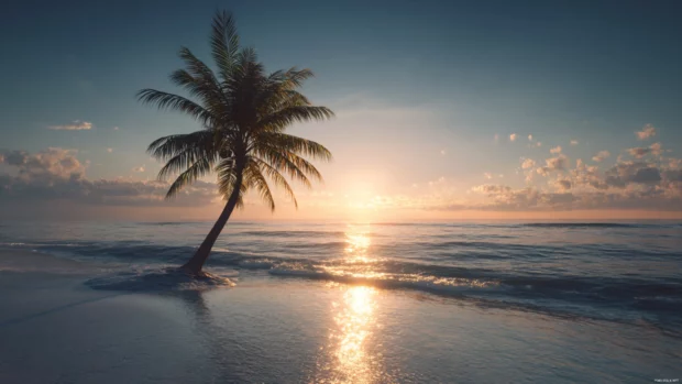 Palm tree 4k wallpaper featuring a solitary palm on sunlit beach at dawn with sparkling ocean horizon.
