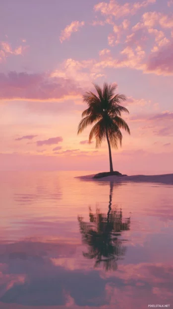 Palm tree 4k wallpaper mobile version with dreamy pastel sunset sky and lone palm standing over calm sea.