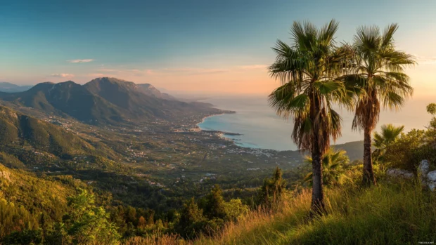 Palm tree UHD wallpaper illustrating a panoramic vista from mountain overlooking palm covered valley and sea.