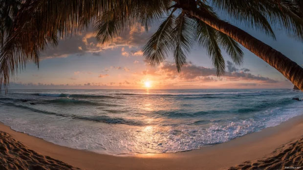 Palm tree arching elegantly over soft sand while the sun sets behind a shimmering ocean.