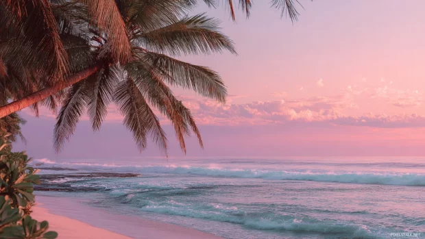 Palm tree arching toward the ocean under soft pink skies, the beach gently kissed by the waves.