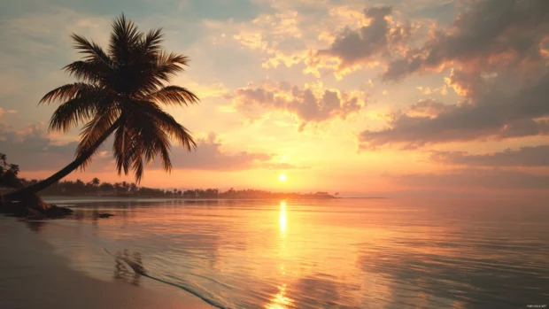 Palm tree at sunrise with soft golden light and smooth ocean reflections in breathtaking 4K.