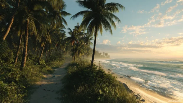 Palm tree beach wallpaper illustrating trail of palms lining a secluded shore with soft breakers at sunset.
