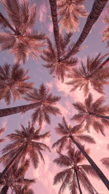 Palm tree canopy glowing with soft pink sunset tones, creating a vertical tropical escape.