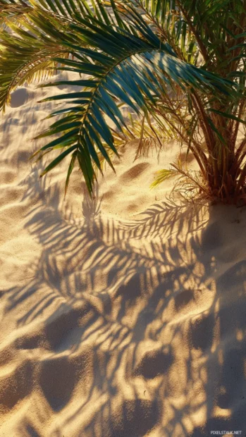Palm tree casting long shadows on golden sand, sunlight filtering through delicate green leaves.