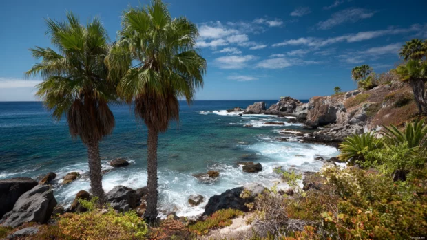 Palm tree clusters decorating a rocky coastline with waves gently crashing nearby.