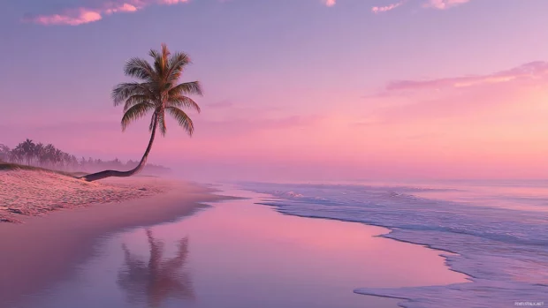 Palm tree curving elegantly over a pink hued horizon, surrounded by a peaceful beach atmosphere.