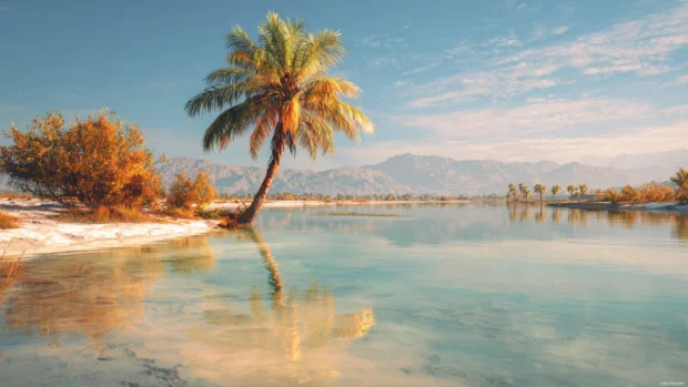 Palm tree gently bending over a tranquil lagoon, vivid textures and crisp 4K colors.