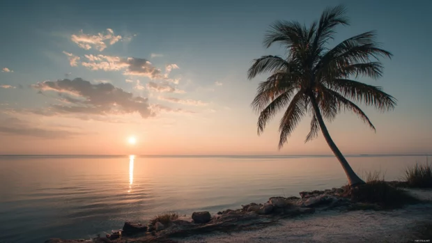 Palm tree leaning over a quiet shoreline as the sun sets low, creating a tranquil and open scene.