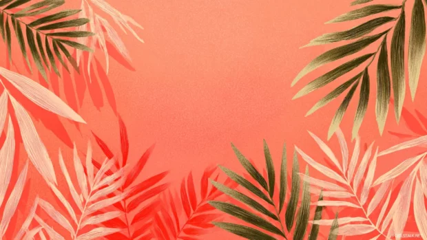 Palm tree leaves background visual with flat artistic strokes of palm leaves set against warm coral gradient.