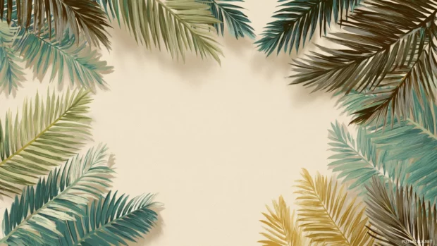 Palm tree leaves creating soft organic borders around an open space.