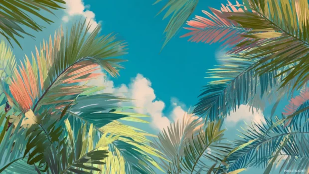 Palm tree leaves dancing in a tropical breeze under a clear sky.