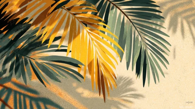 Palm tree leaves falling gracefully across a warm summer backdrop.