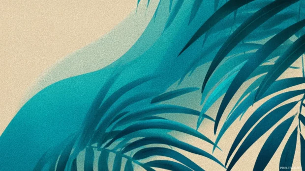 Palm tree leaves forming a subtle textured background with flowing lines.