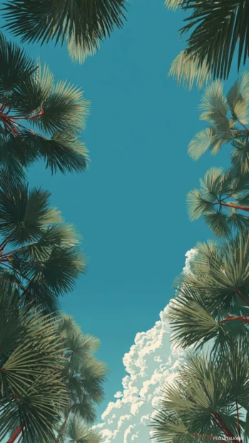 Palm tree leaves forming a vertical pathway to the open sky.