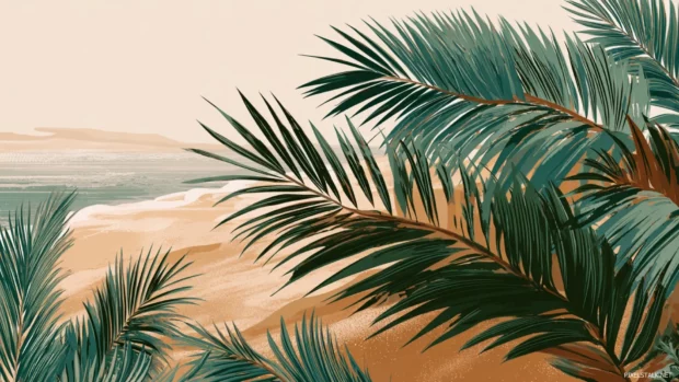 Palm tree leaves gently layered over soft beach tones.