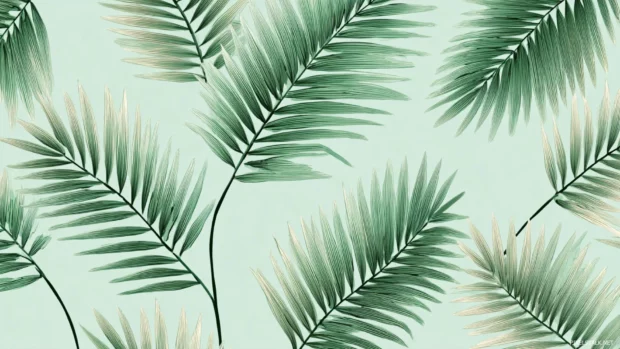 Palm tree leaves in a clean, modern repeating pattern with soft green hues.