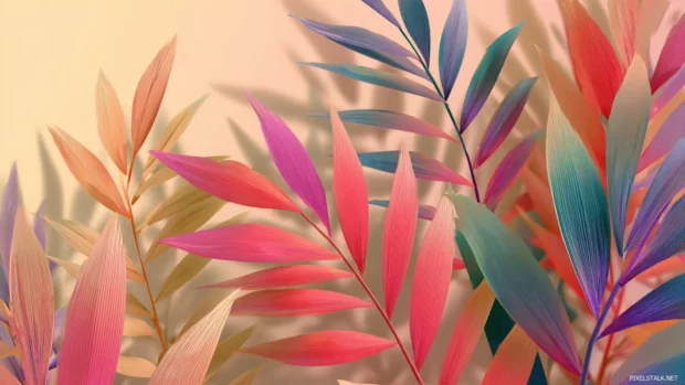 Palm tree leaves overlapping with smooth color transitions in a tropical theme.