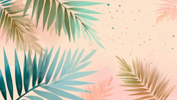 Palm tree leaves scattered across a soft pastel background.