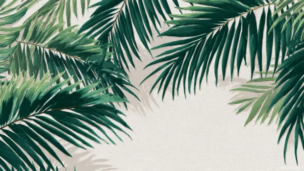 Palm tree leaves scattered in abstract symmetry over a white canvas.