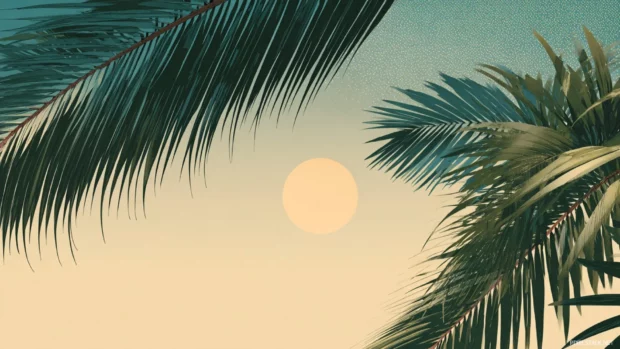 Palm tree leaves softly arching over a sunlit horizon.