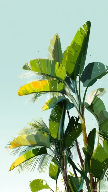 Palm tree leaves stretching upwards against a light tropical sky.