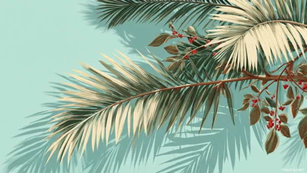 Palm tree leaves weaving natural lines across a pale sky.