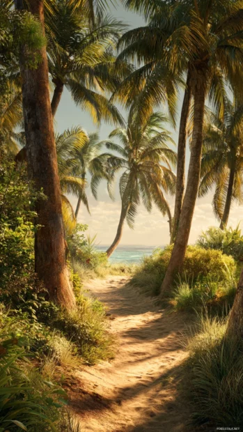 Palm tree lined beach path captured in golden afternoon light.