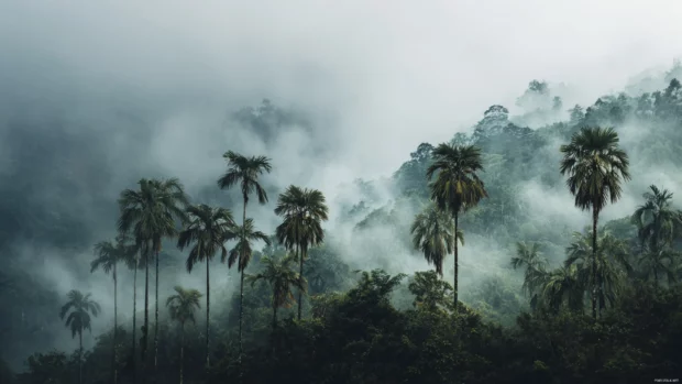 Palm tree nature 4k wallpaper with misty rainforest palms rising above dense morning fog.