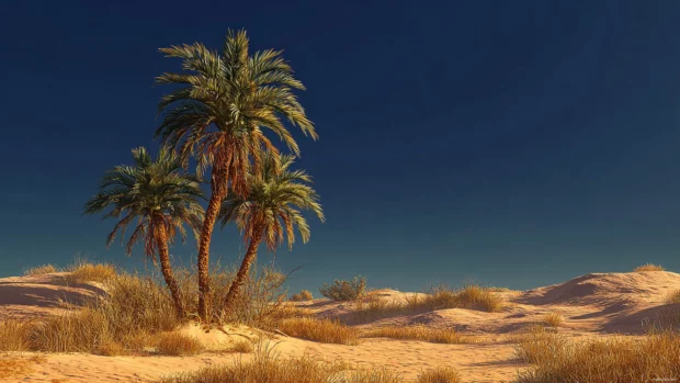 Palm tree oasis in a desert landscape under a deep blue sky and golden sand.