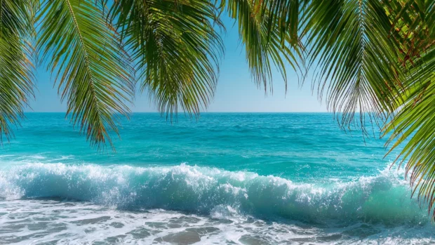 Palm tree ocean wallpaper blending close up of palm leaves framing wide ocean vista under clear daylight.