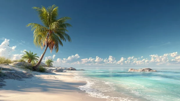 Palm tree on a golden beach under a bright blue sky, 4K ultra detailed scenery.
