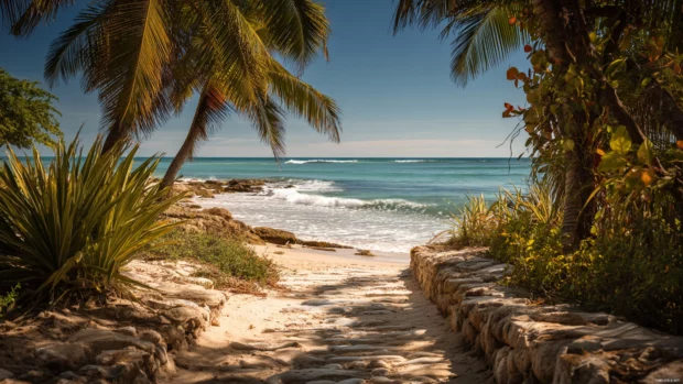 Palm tree pathway leading to a serene beach with waves lapping at the shore.