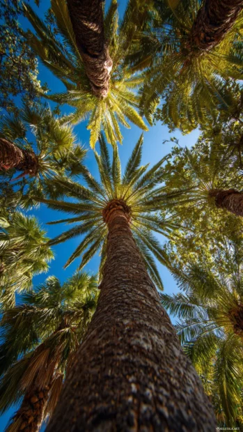 Palm tree perspective looking up towards the sky from beneath the canopy.
