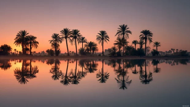 Palm tree reflection 4k wallpaper featuring perfect mirror image of palm grove in glassy lake at sunrise.