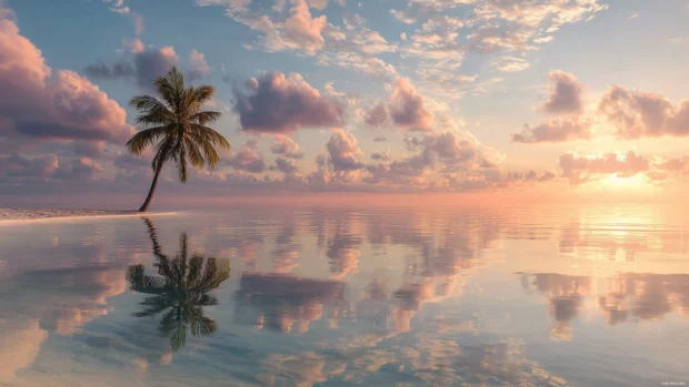 Palm tree reflections glistening on the surface of a calm ocean during sunrise.