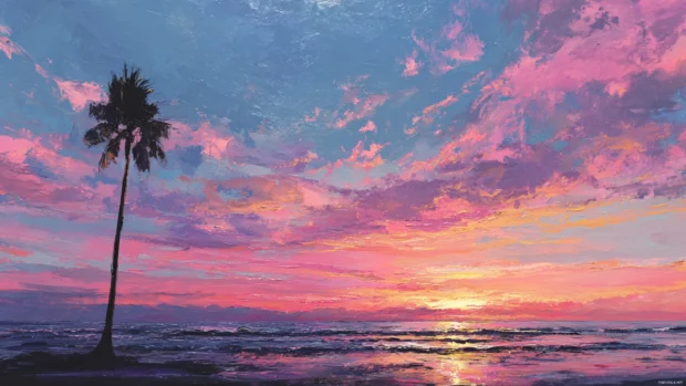 Palm tree rising into a vibrant sunset filled with streaks of gold and pink, peaceful ocean backdrop.