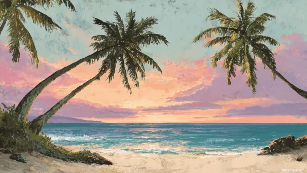 Palm tree sunset beach wallpaper illustrating two palms arching over sandy cove under pastel dusk glow.