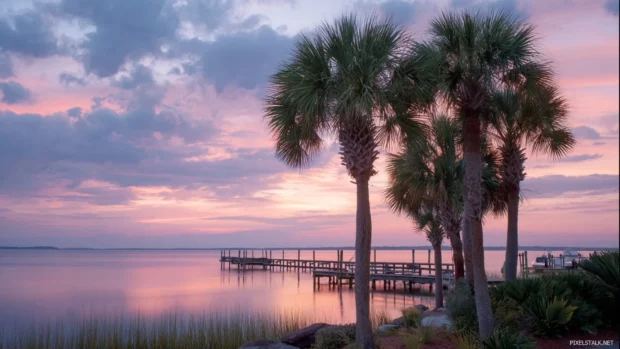 Palm tree sunset coastal wallpaper featuring serene docks framed by palms at sunset with soft pastel sea.