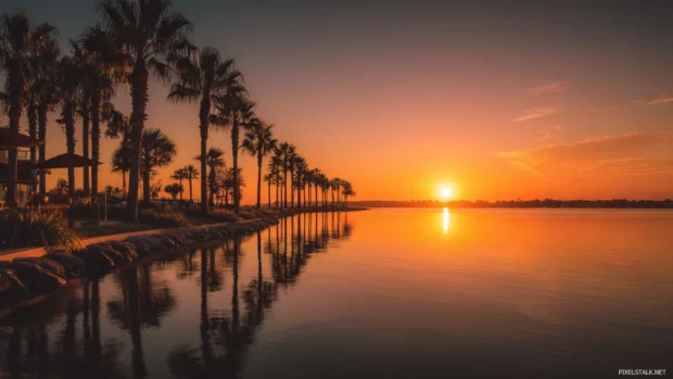 Palm tree sunset ocean wallpaper showing endless palms aligned along water edge under radiant evening light.