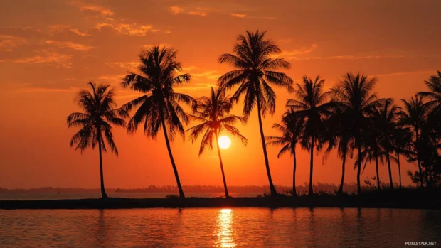 Palm tree sunset silhouette wallpaper showcasing crisp silhouettes of palms against blazing sun over bay.
