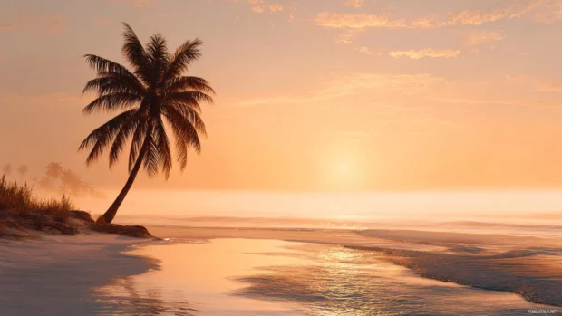 Palm tree swaying gently under the golden sunset sky on a serene beach.