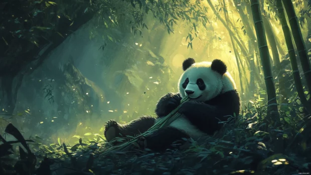 Panda bear wallpaper displaying a playful panda munching on bamboo in a serene bamboo forest.