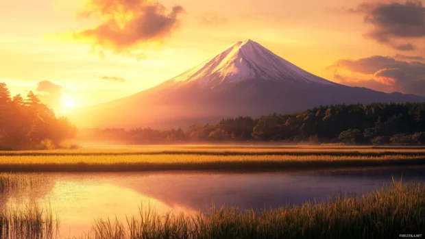 Panoramic Mount Fuji wallpaper with vast rice fields and distant snowy peak under a soft golden sunset.