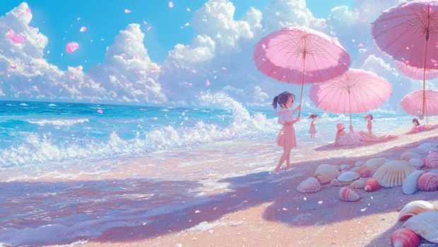 Pastel Cute Japan beach wallpaper with gentle waves, seashells, and playful children under pastel umbrellas.