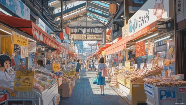 Pastel Cute Japan marketplace bustling with adorable characters and colorful stands.