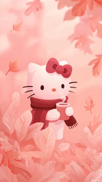 Pastel Hello Kitty fall wallpaper iPhone scene with soft pink leaves and Kitty holding a cup of hot cider.
